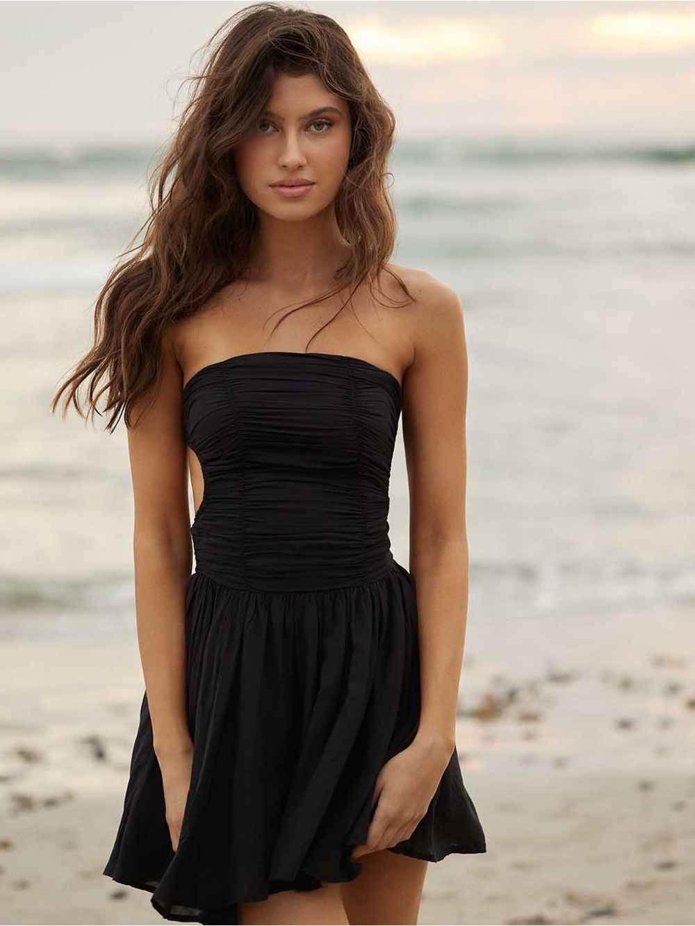 PQ Swim Black Strapless Ruched Mini Dress